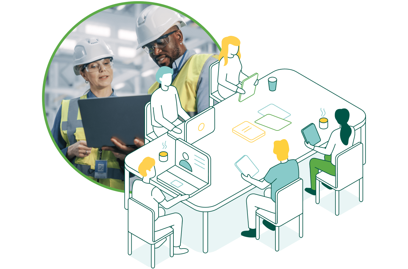 Two workers in construction hard hats and safety vests looking at a laptop computer