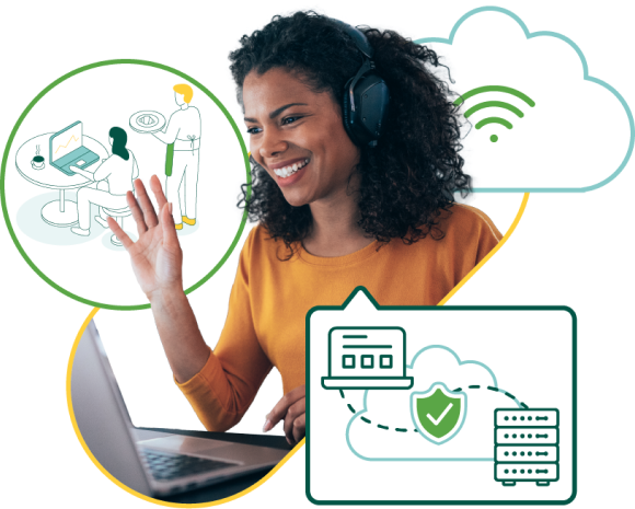 Women with a headset using here laptop computer to make a call